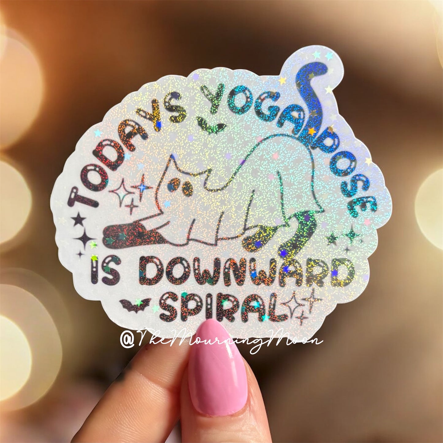 Downward Spiral Ghost Cat Sticker – Holographic Spooky Yoga Vinyl Decal, Funny Self Care Sticker