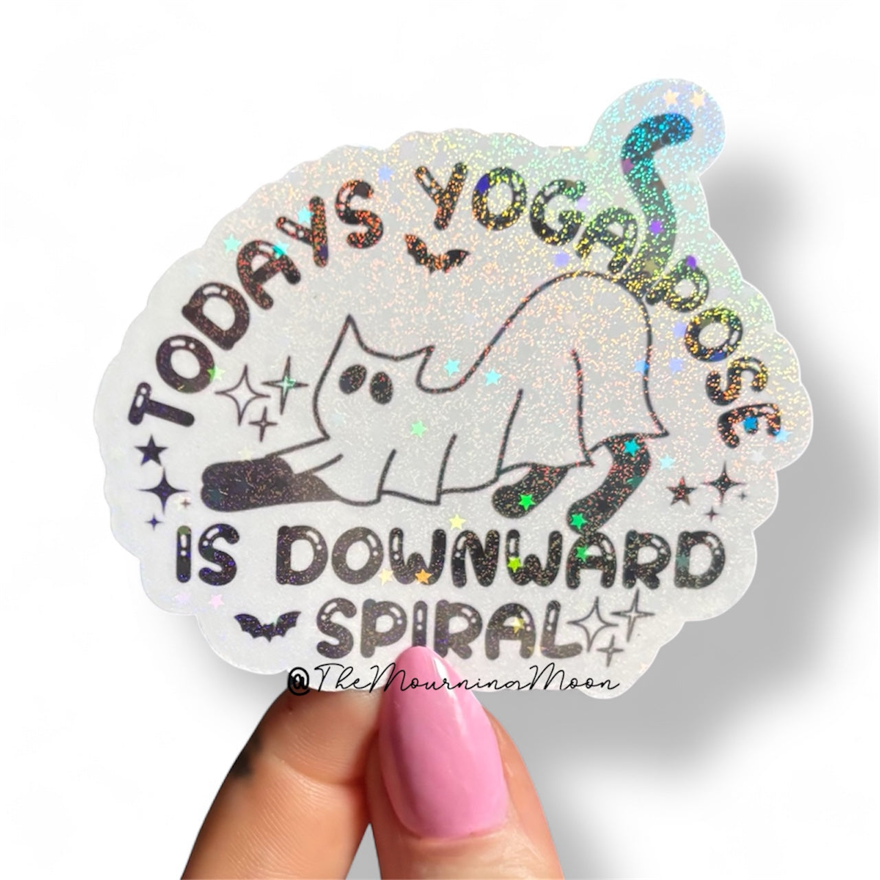 Downward Spiral Ghost Cat Sticker – Holographic Spooky Yoga Vinyl Decal, Funny Self Care Sticker