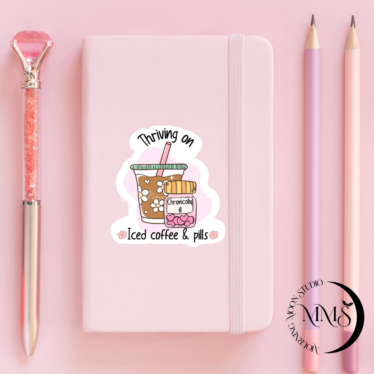 Thriving on iced coffee and pills Sticker – Holographic Mental Health Aesthetic Vinyl Decal Sticker