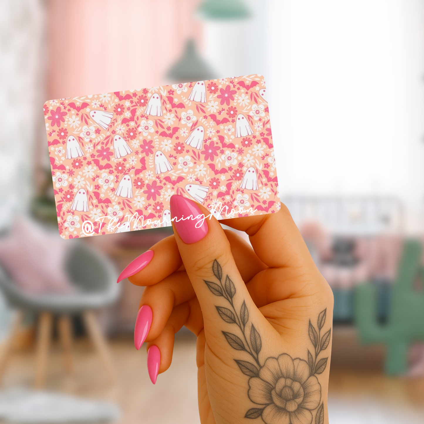 Pink and orange floral ghosts credit card skin