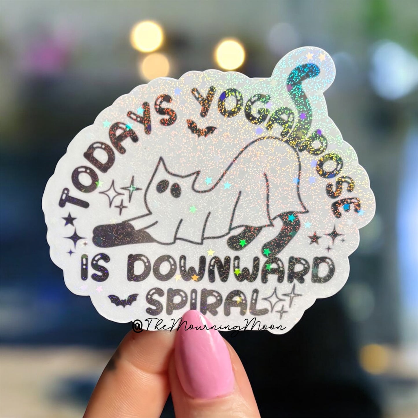 Downward Spiral Ghost Cat Sticker – Holographic Spooky Yoga Vinyl Decal, Funny Self Care Sticker