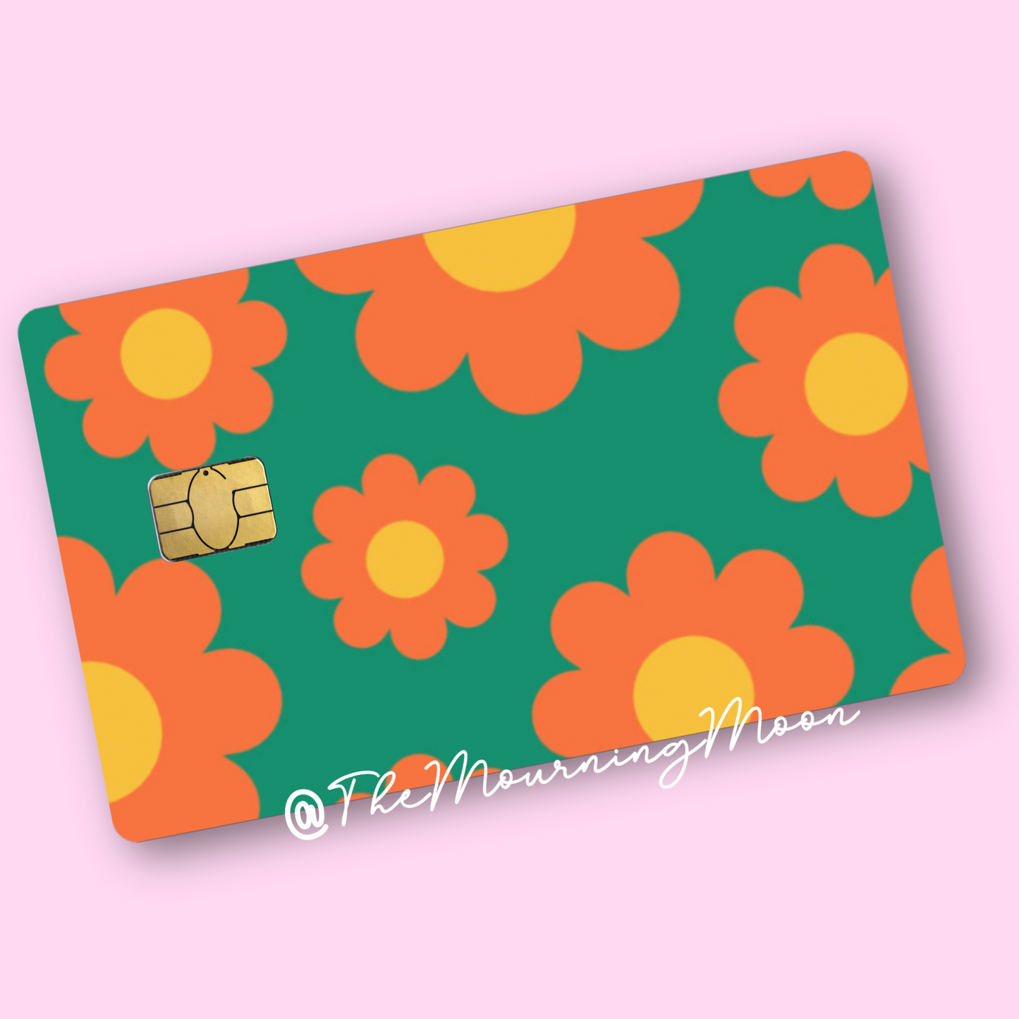 Orange and teal retro flower credit card skin out