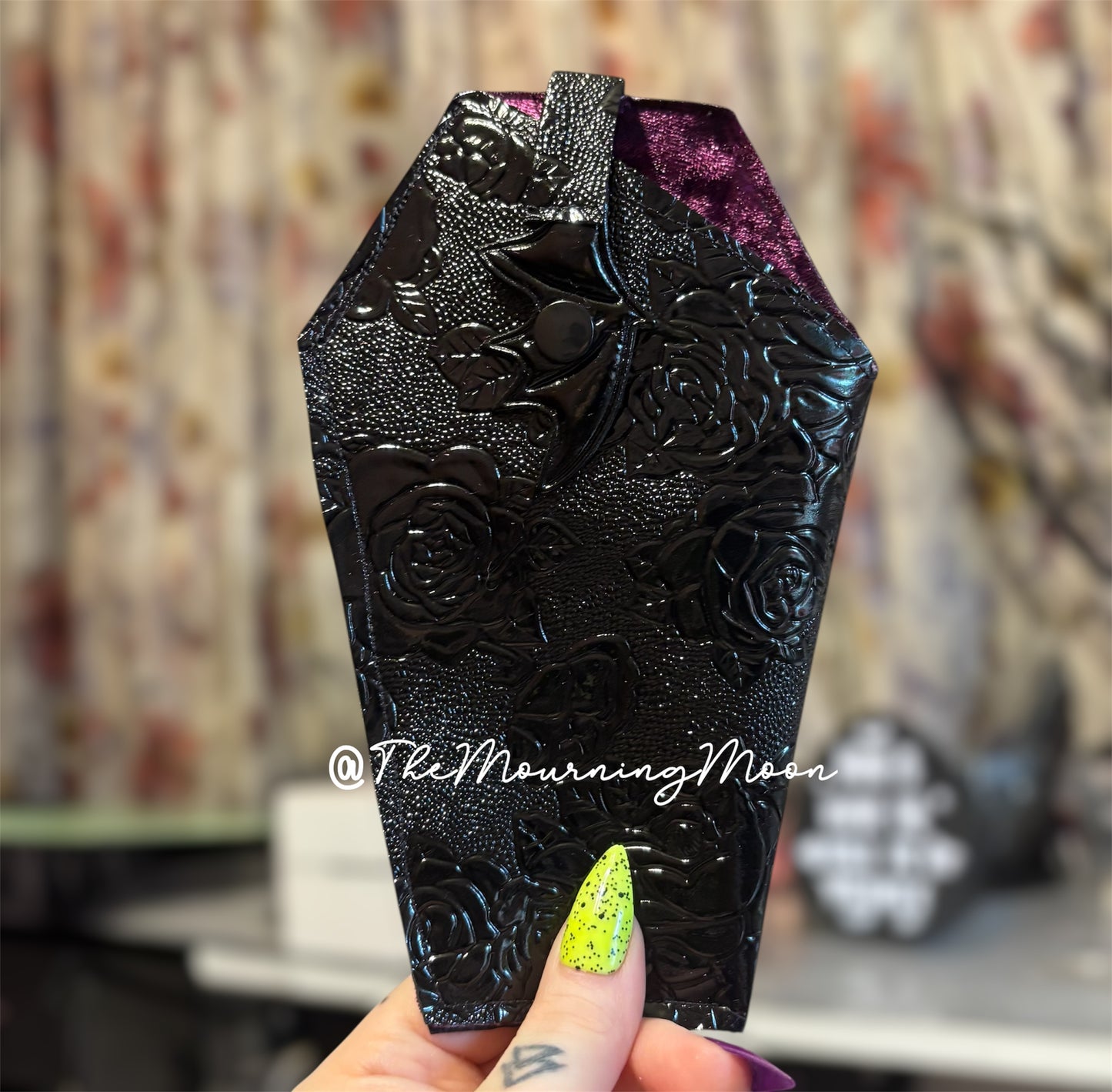 Black floral bat wing snap coffin shaped sunglasses case