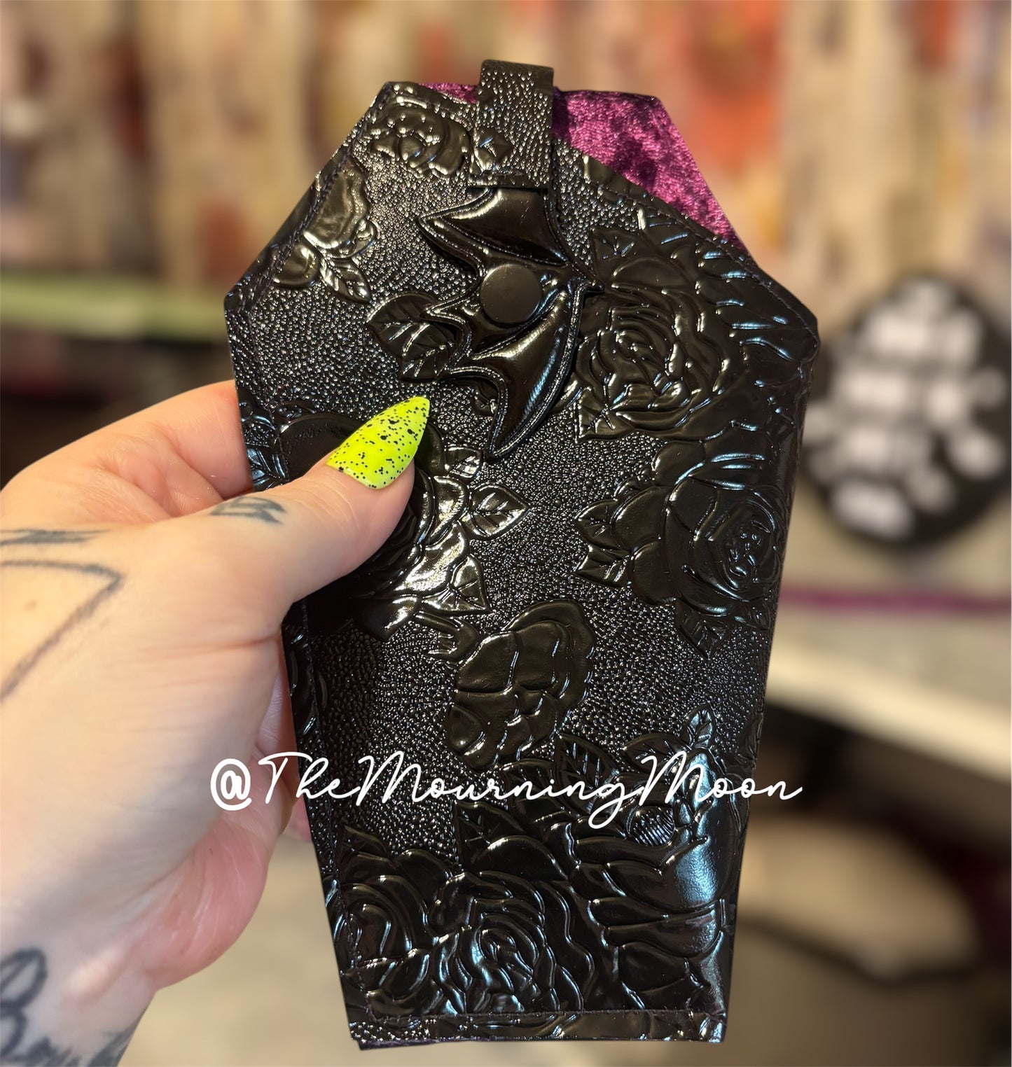 Black floral bat wing snap coffin shaped sunglasses case