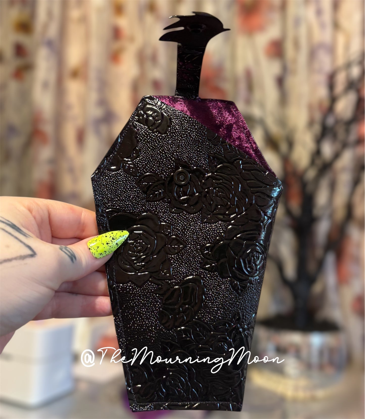Black floral bat wing snap coffin shaped sunglasses case