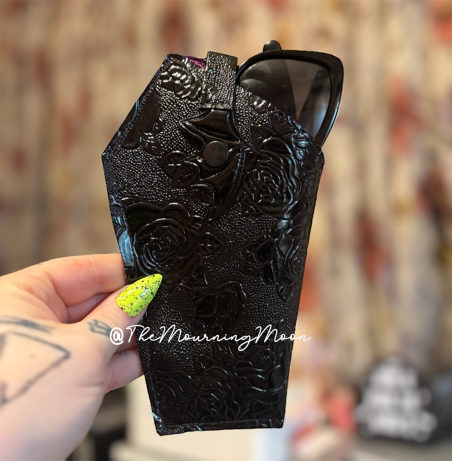 Black floral bat wing snap coffin shaped sunglasses case