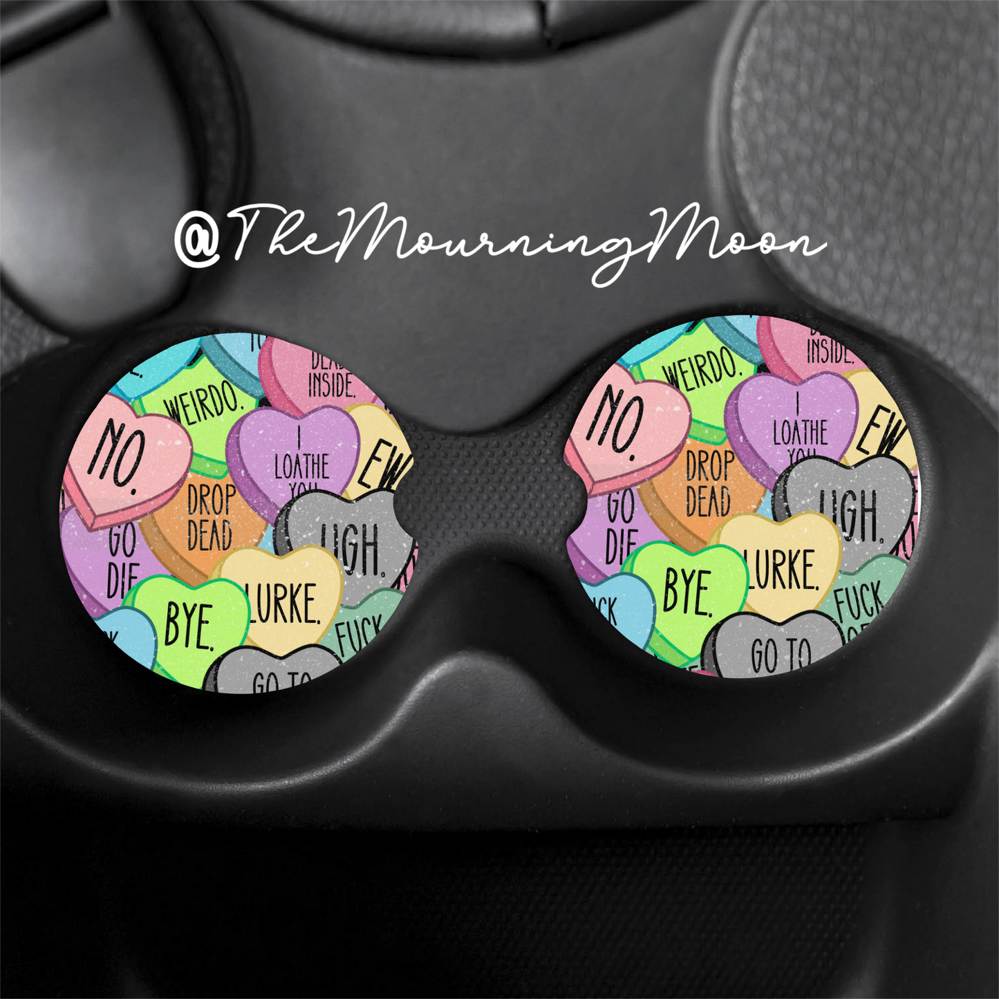 Rude spooky conversation heart car coasters