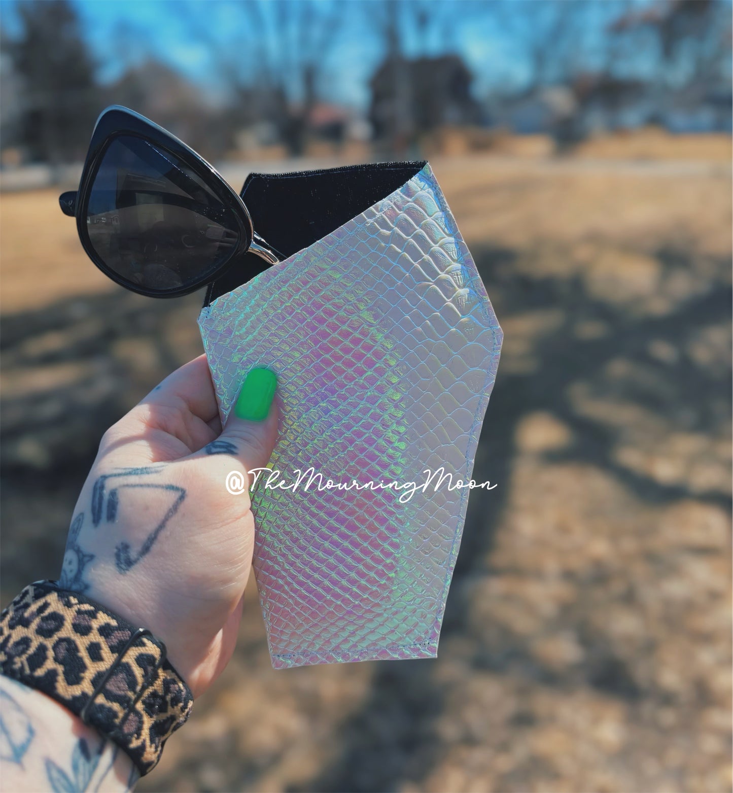 Holographic pink coffin shaped sunglasses case