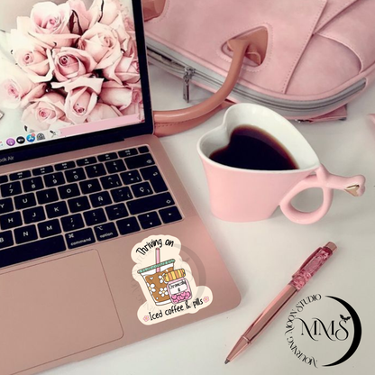 Beige thriving on iced coffee and pills Sticker – Holographic Mental Health Aesthetic Vinyl Decal Sticker