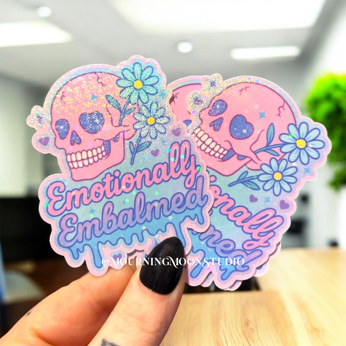 Emotionally Embalmed Holographic Sticker | Pastel Gothic Skull & Flowers | Glitter Vinyl Sticker | Spooky Cute Aesthetic Gift