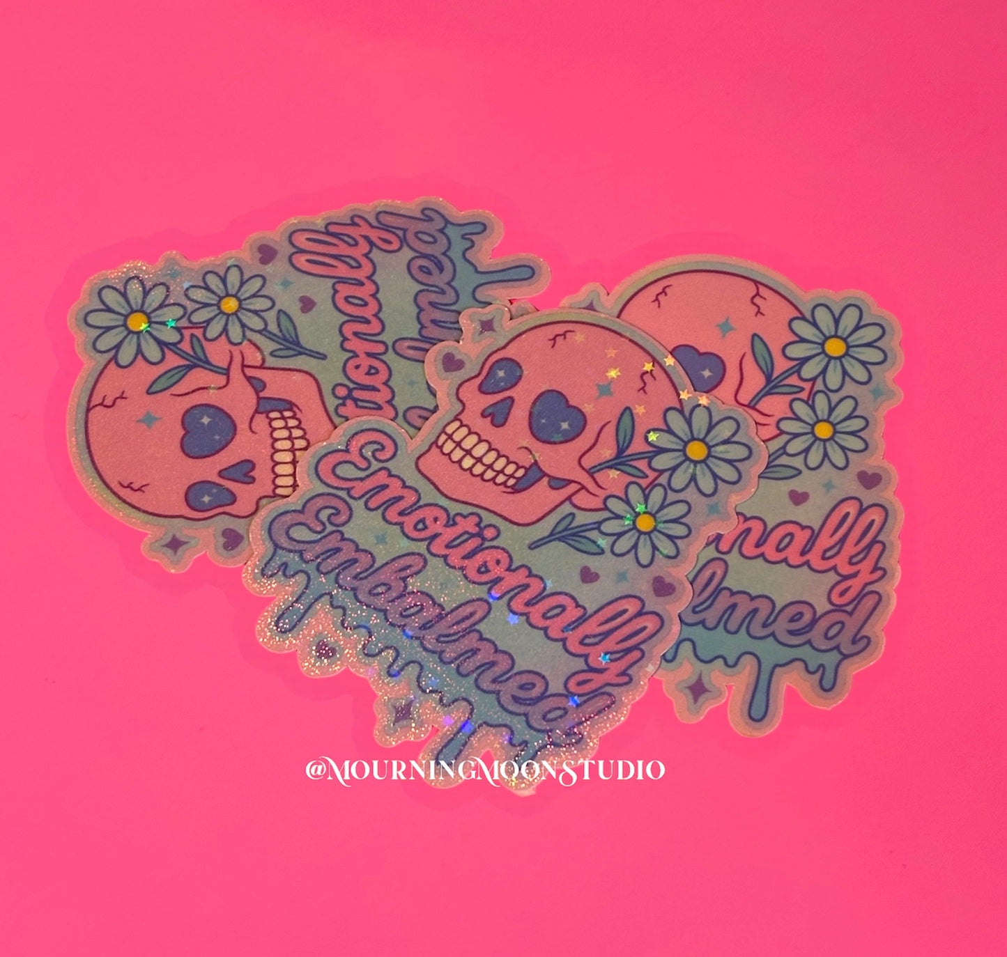 Emotionally Embalmed Holographic Sticker | Pastel Gothic Skull & Flowers | Glitter Vinyl Sticker | Spooky Cute Aesthetic Gift