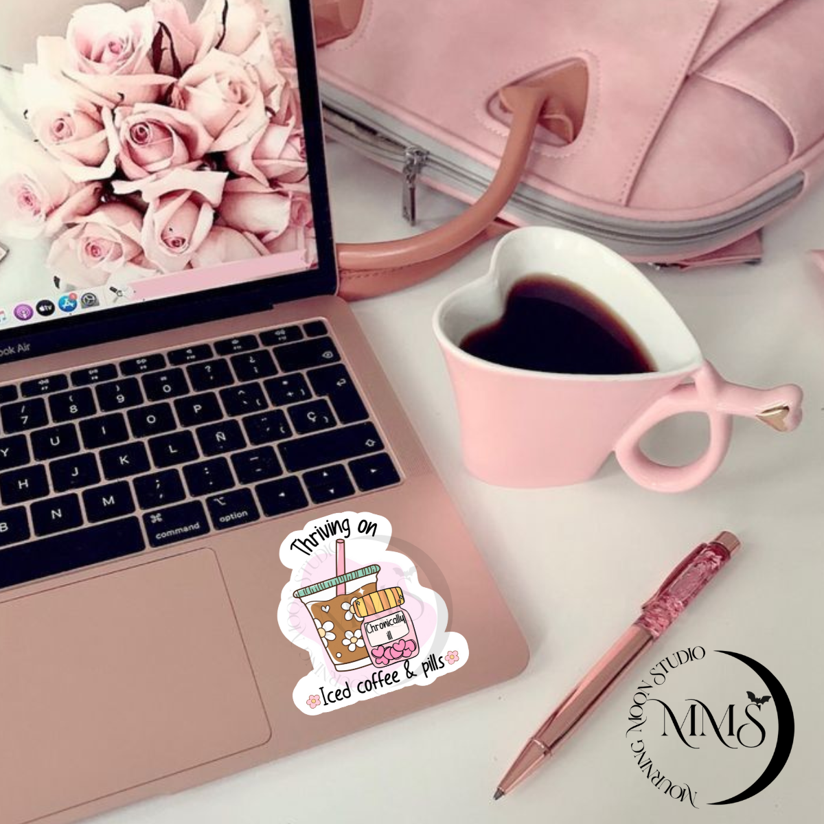 Thriving on iced coffee and pills Sticker – Holographic Mental Health Aesthetic Vinyl Decal Sticker