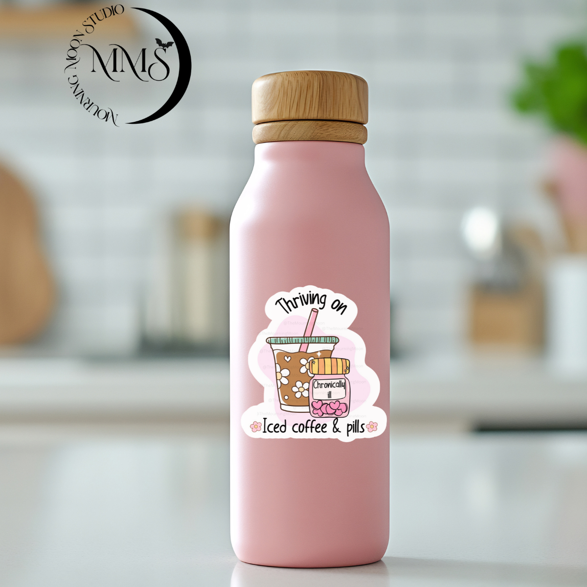 Thriving on iced coffee and pills Sticker – Holographic Mental Health Aesthetic Vinyl Decal Sticker