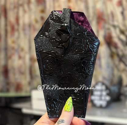 Black floral bat wing snap coffin shaped sunglasses case