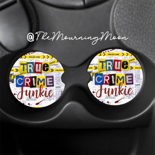 True crime junkie car coasters