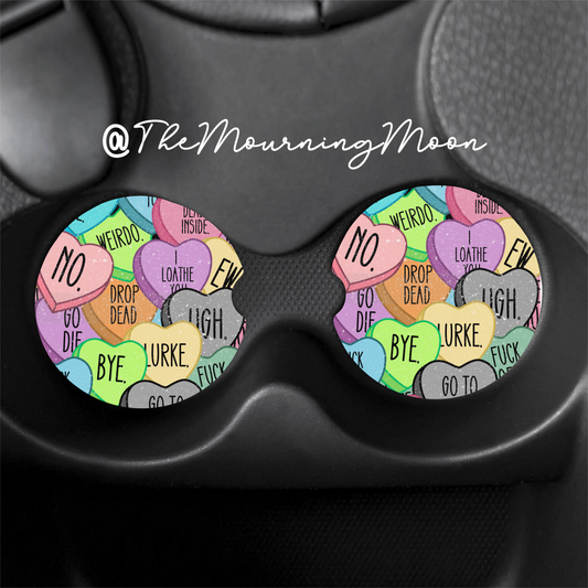 Rude spooky conversation heart car coasters
