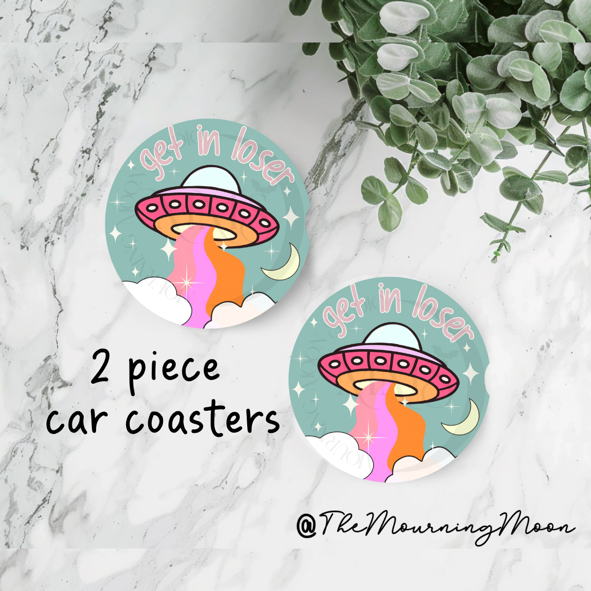Get in Loser Car Coasters Set | Alien UFO Cupholder Inserts | Funny Space Car Accessories | Cute Gift for Her | 2 Piece Absorbent Coaster Set