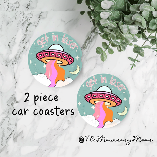 Get in Loser Car Coasters Set | Alien UFO Cupholder Inserts | Funny Space Car Accessories | Cute Gift for Her | 2 Piece Absorbent Coaster Set