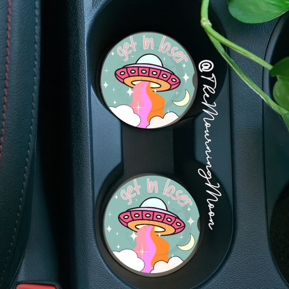 Get in Loser Car Coasters Set | Alien UFO Cupholder Inserts | Funny Space Car Accessories | Cute Gift for Her | 2 Piece Absorbent Coaster Set