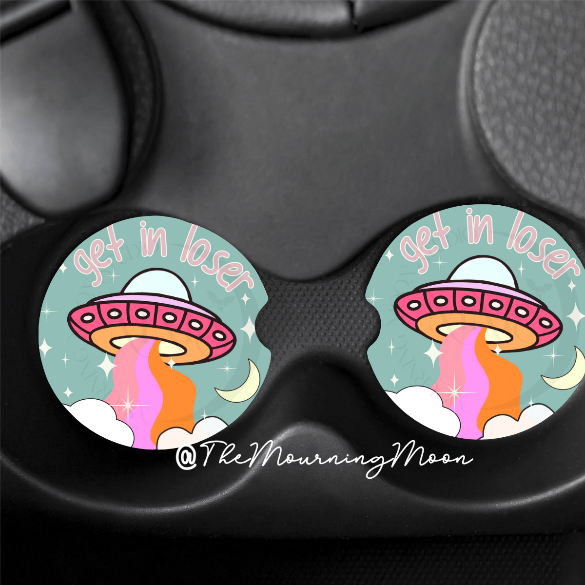 Get in Loser Car Coasters Set | Alien UFO Cupholder Inserts | Funny Space Car Accessories | Cute Gift for Her | 2 Piece Absorbent Coaster Set
