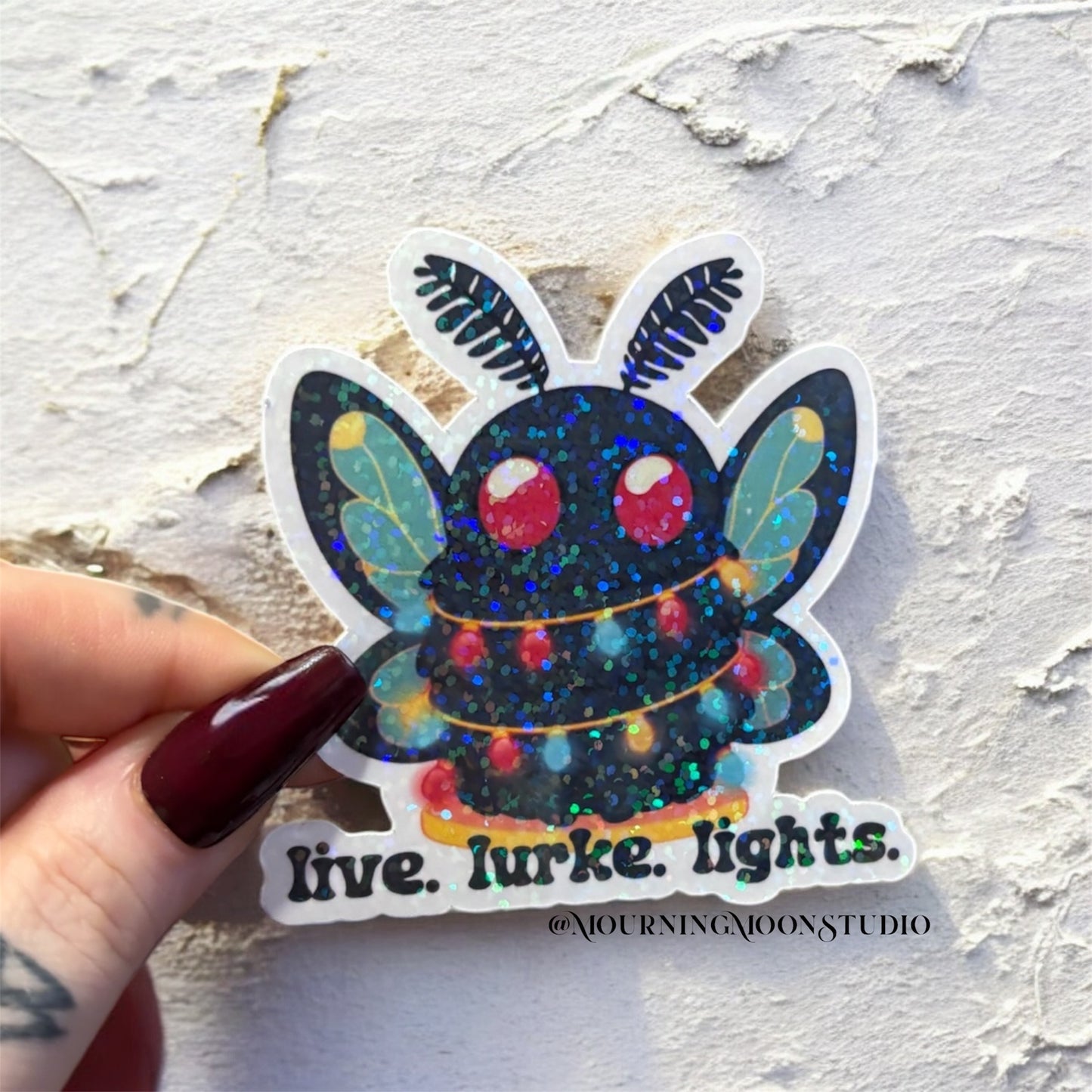 Mothman live laugh lurke glitter holographic sticker