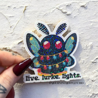 Mothman live laugh lurke glitter holographic sticker