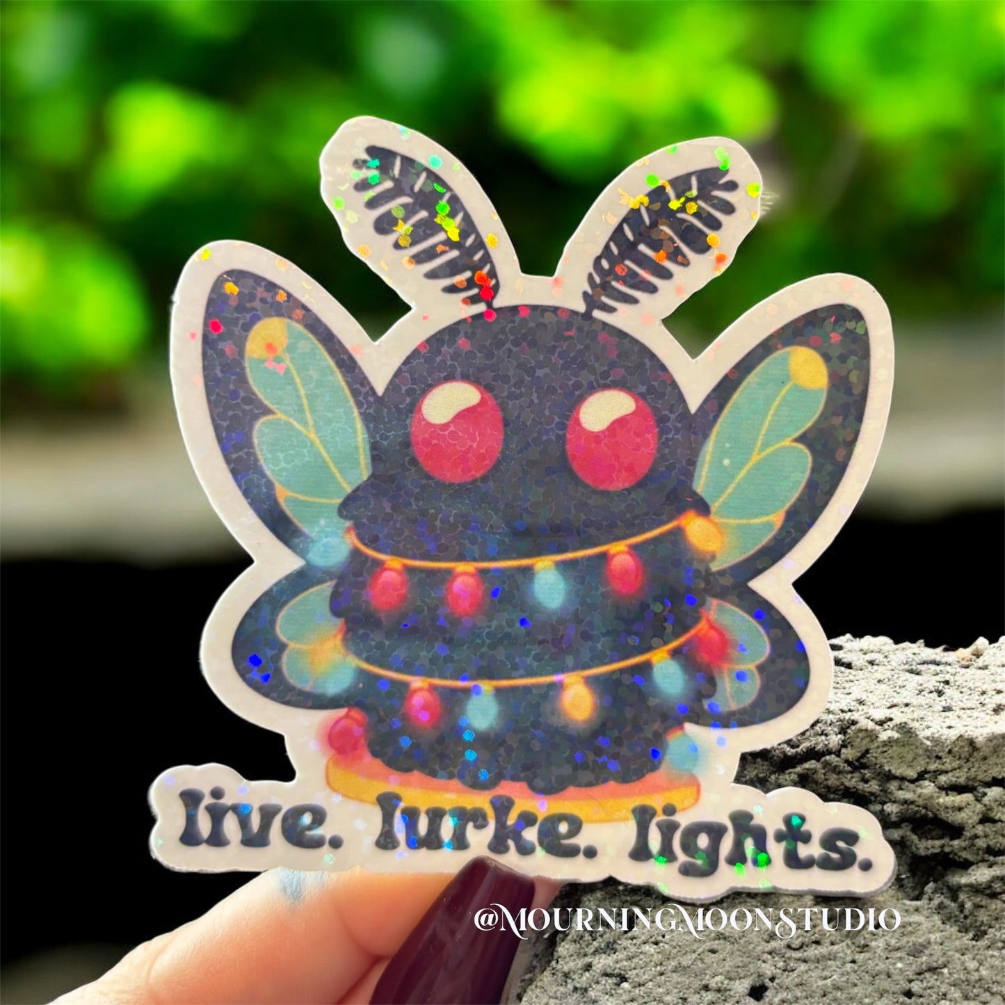 Mothman live laugh lurke glitter holographic sticker