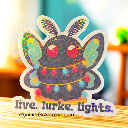 Mothman live laugh lurke glitter holographic sticker