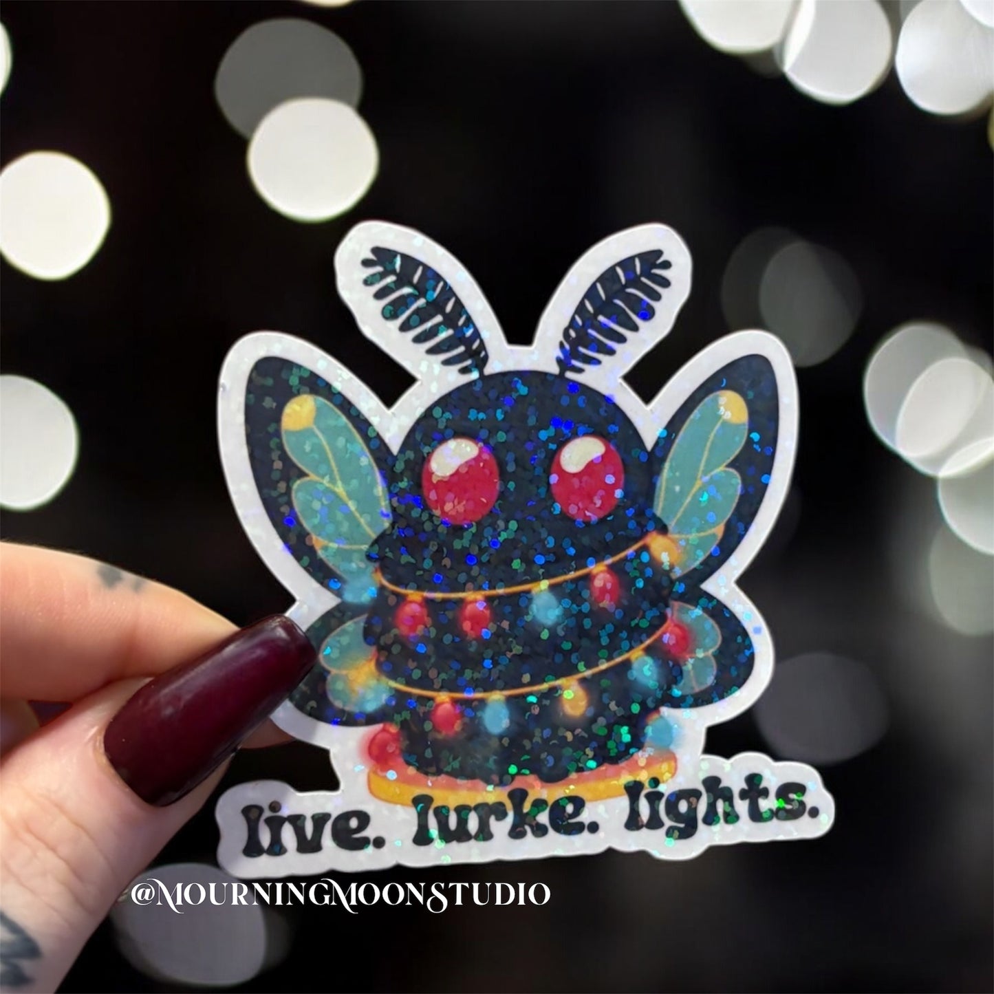 Mothman live laugh lurke glitter holographic sticker