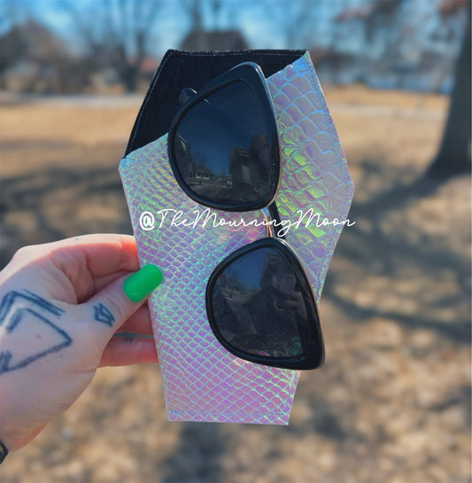 Holographic pink coffin shaped sunglasses case