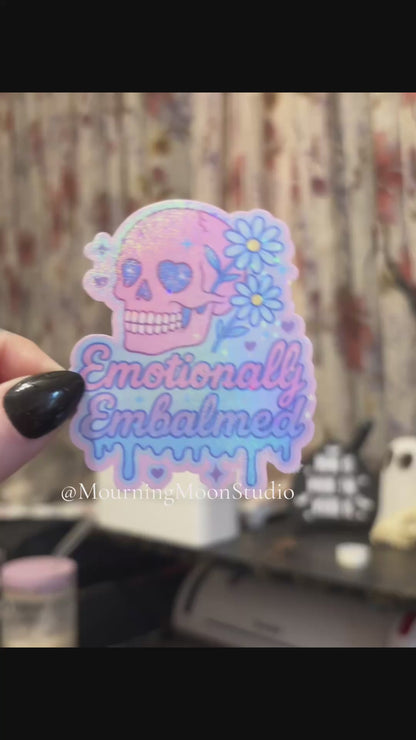 Emotionally Embalmed Holographic Sticker | Pastel Gothic Skull & Flowers | Glitter Vinyl Sticker | Spooky Cute Aesthetic Gift
