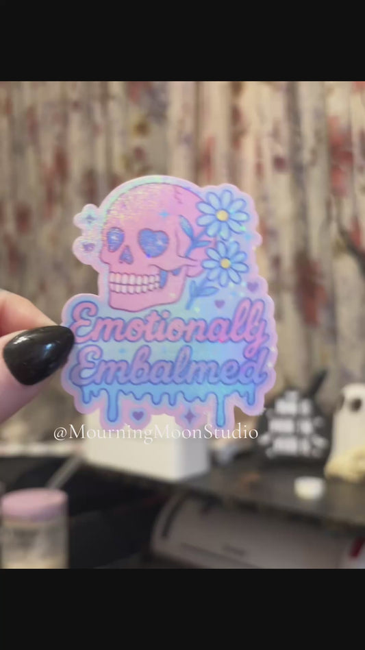 Emotionally Embalmed Holographic Sticker | Pastel Gothic Skull & Flowers | Glitter Vinyl Sticker | Spooky Cute Aesthetic Gift